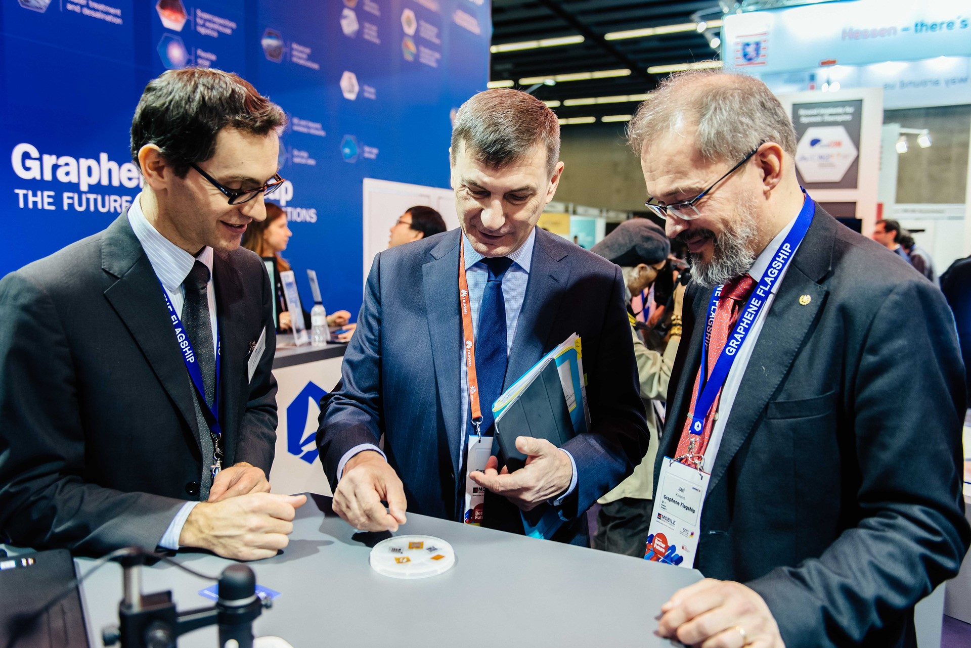 EU Commission Vice President Andrus Ansip visits the Graphene Pavilion at Mobile World Congress 2018