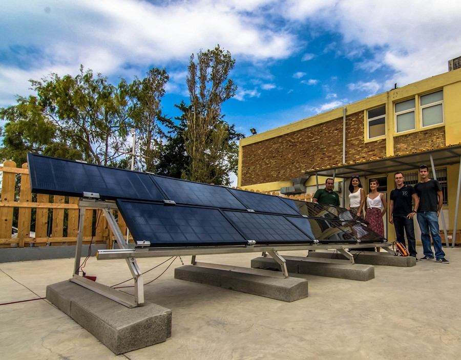 Graphene-perovskite solar panels with some members of the research team of Graphene Flagship Partner Hellenic Mediterranean University.