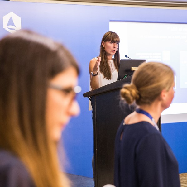Emilie Klecha speaking at the Graphene Week 2017