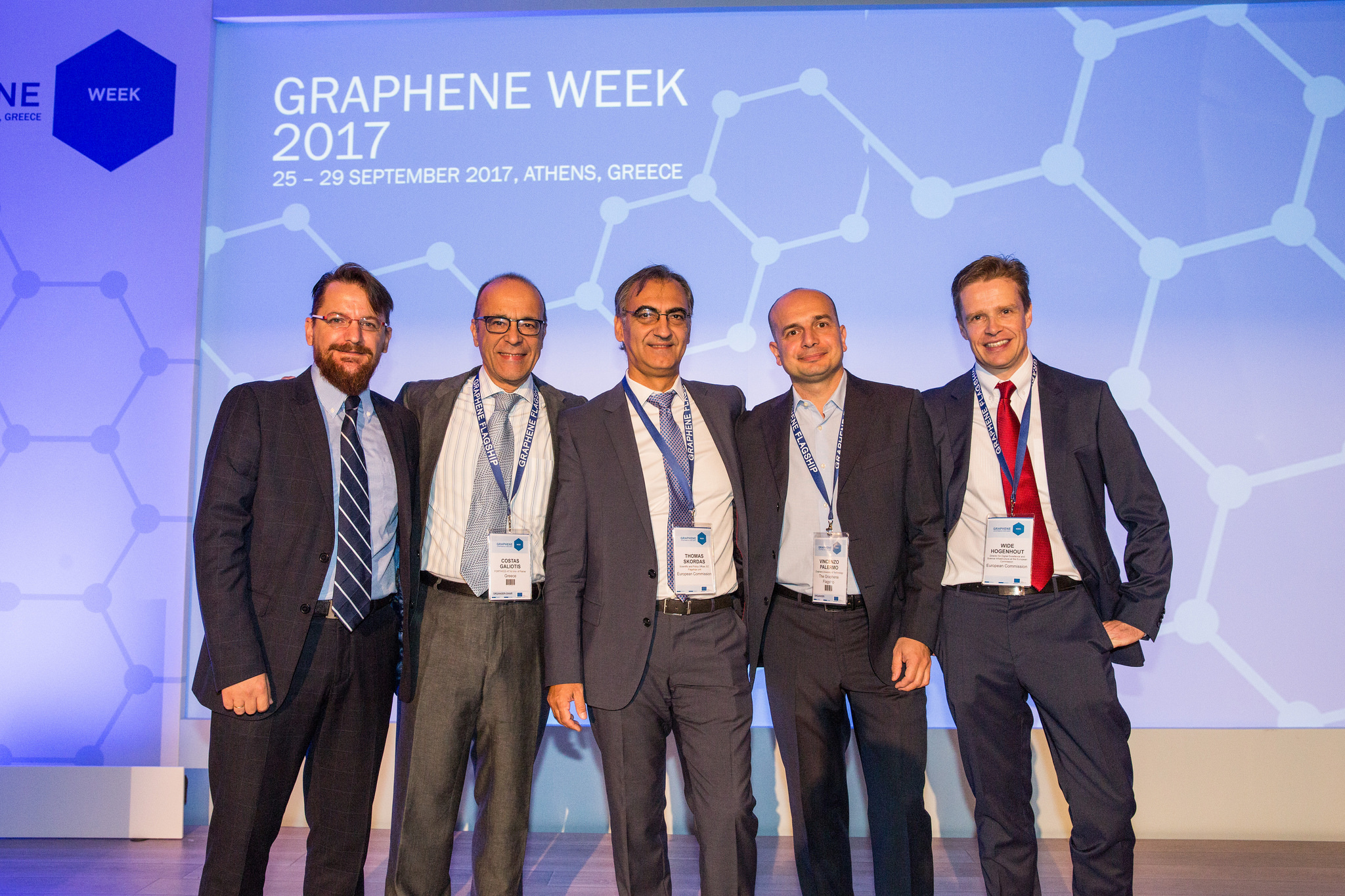 Graphene Week 2017 Opening Ceremony. Left to right: Aris Nasikas, Costas Galiotis, Thomas Skordas, Vincenzo Palermo, Wide Hogenhout.