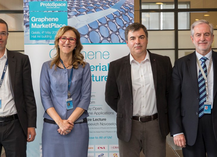 From left: Denis Descheemaeker (Airbus Emerging Technologies), Silvia Lazcano (Airbus Business Development and Partnership) ), Nobel Laureate Professor Konstantin Novoselov, Rafael G. Ripoll (Head of Airbus Commercial Aircraft in Spain). Copyright Airbus by Pablo Cabello.