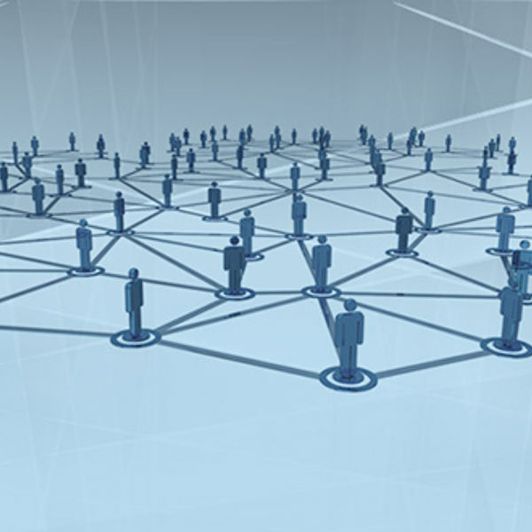 Figures of people connected by lines in a network