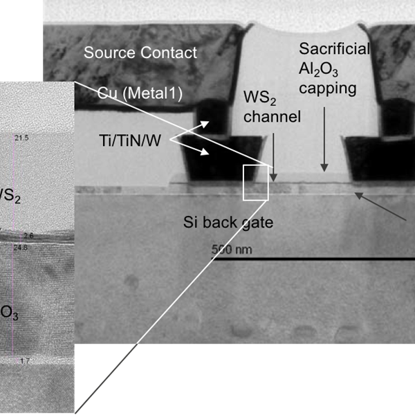 TEM image showing 300mm integration of two-dimentional few-layer WS2 channel-based MOSFETs using standard production tools. Credit: Tom Schram, imec. 