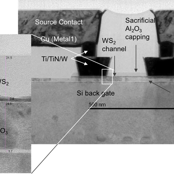 TEM image showing 300mm integration of two-dimentional few-layer WS2 channel-based MOSFETs using standard production tools. Credit: Tom Schram, imec.