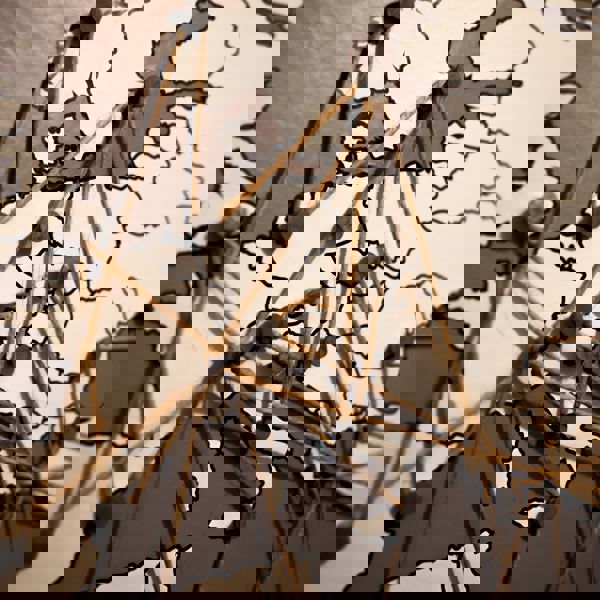 Push pins and strings on world map.