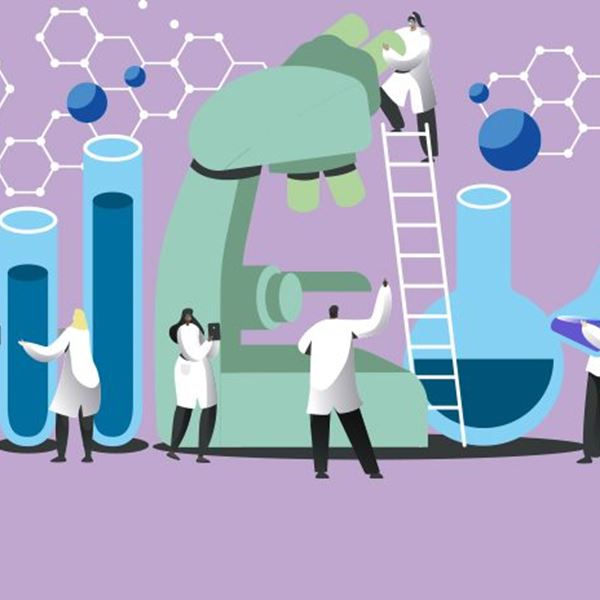 Scientists and lab apparatus vector illustration. Banner image credit: Pharmafield