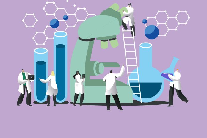 Scientists and lab apparatus vector illustration. Banner image credit: Pharmafield