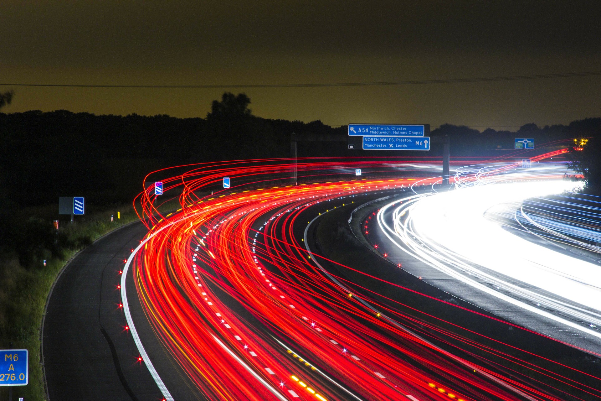 Car light trails at night.