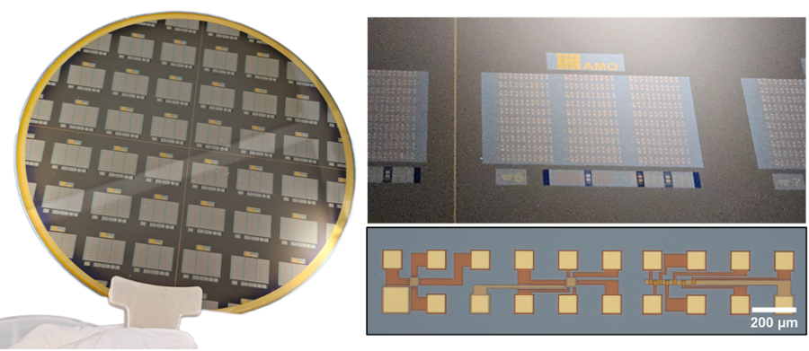 Figure 1 Wafer with dies and an optical micrograph of GFET, Hall bar and TLM structure.