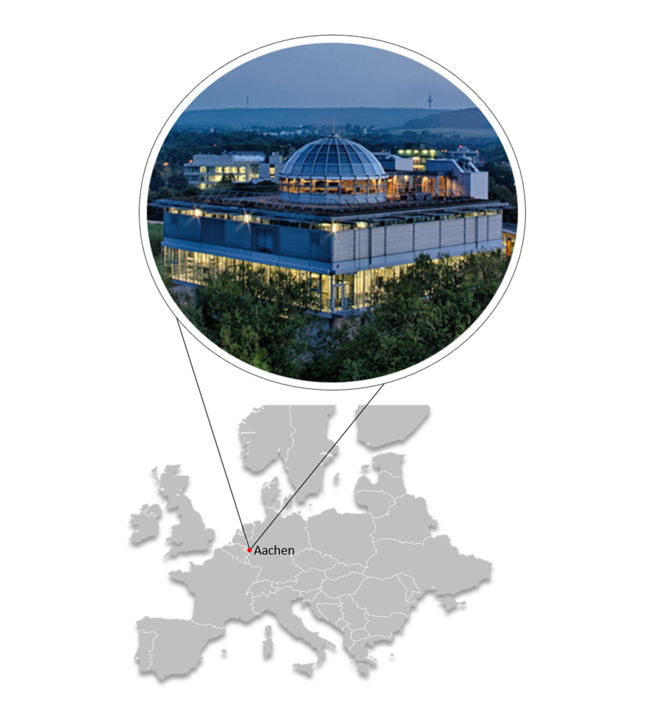 Map of Europe with Aachen called out with an image of the AMO building