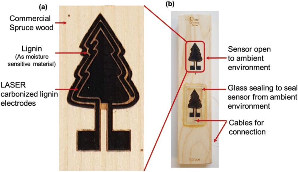Humidity sensor manufactured by Graphene Flagship Associated Member RISE in Sweden on commercially available spruce wood