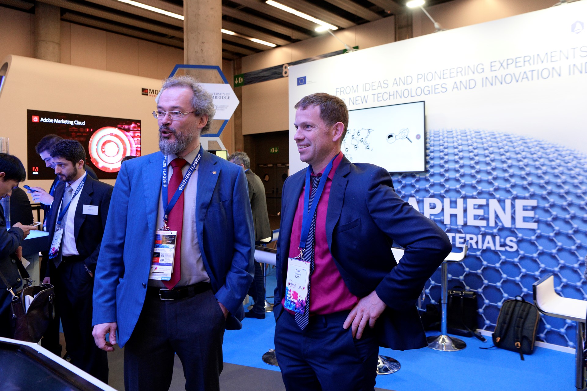 Graphene Flagship Director Jari Kinaret and Graphene Experience Zone curator Frank Koppens in the Graphene Experience Zone at Mobile World Congress 2017