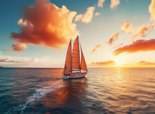 sailboat sailing into the horizon at sunrise