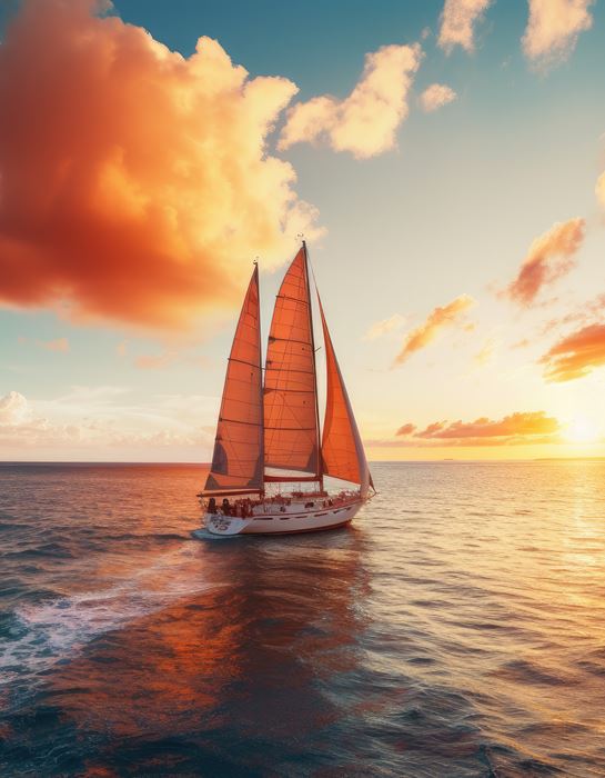 sailboat sailing into the horizon at sunrise