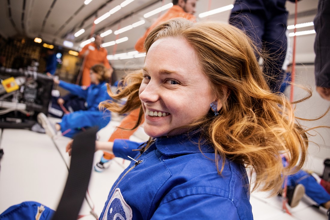 Meganne Christian during a parabolic flight to test graphene composites in zero-gravity. Also the cover of Graphene Magazine 2018.